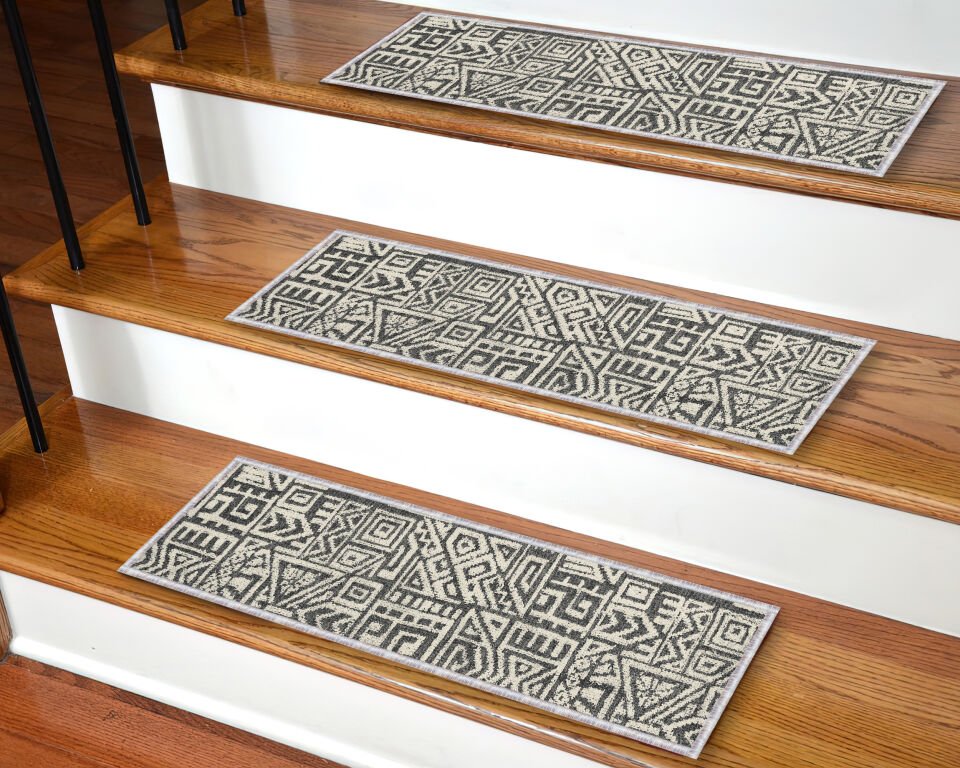 Black and White Geometric Stair Treads – Modern Tribal Pattern Non-Slip Carpet Mats