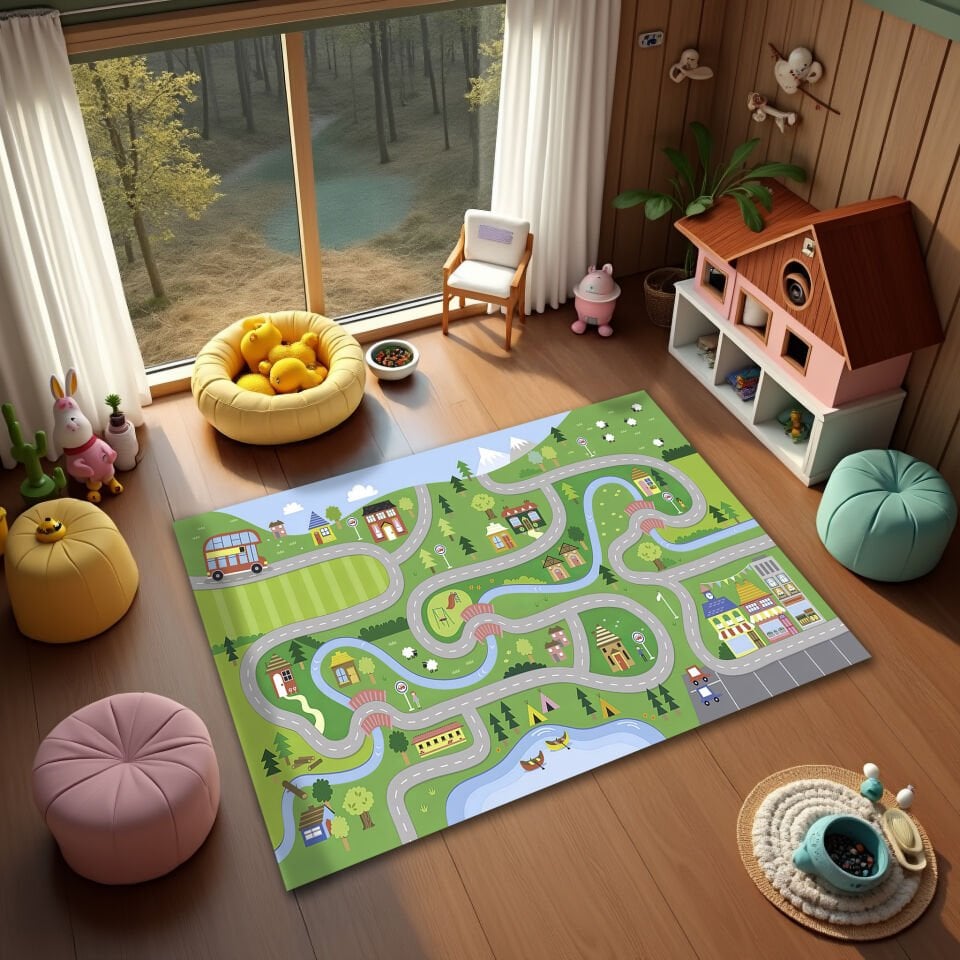 Kids Play Mat Rug – Fun Road and Town Design for Imaginative Play