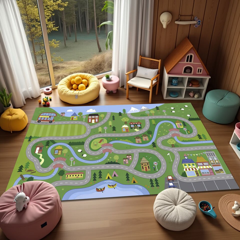 Kids Play Mat Rug – Fun Road and Town Design for Imaginative Play