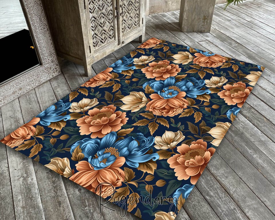 Vintage Navy Floral Living Room Rug – Elegant Blue & Orange Peony Design