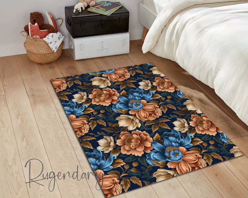 Vintage Navy Floral Living Room Rug – Elegant Blue & Orange Peony Design