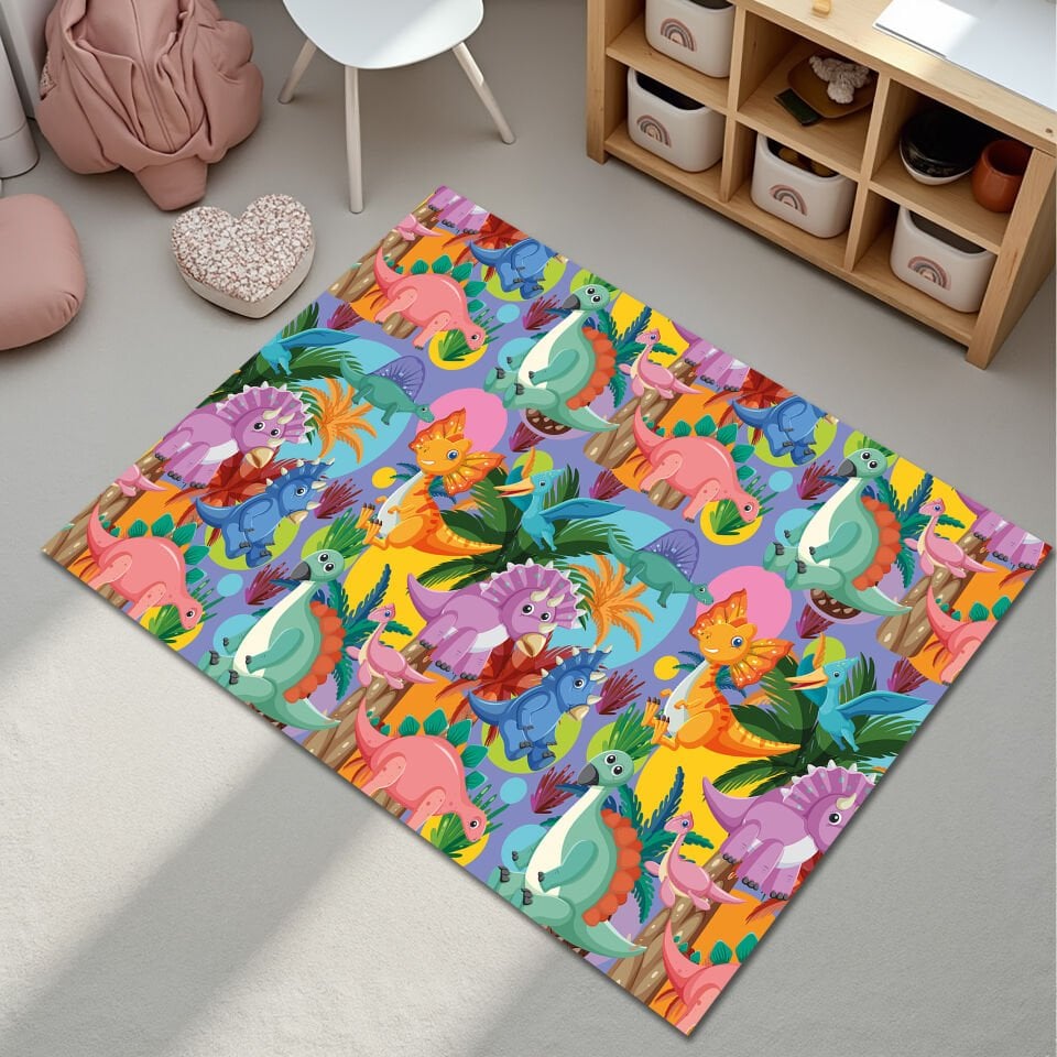 Colorful Cartoon Dinosaur Rug for Kids Room – Soft & Fun Play Mat