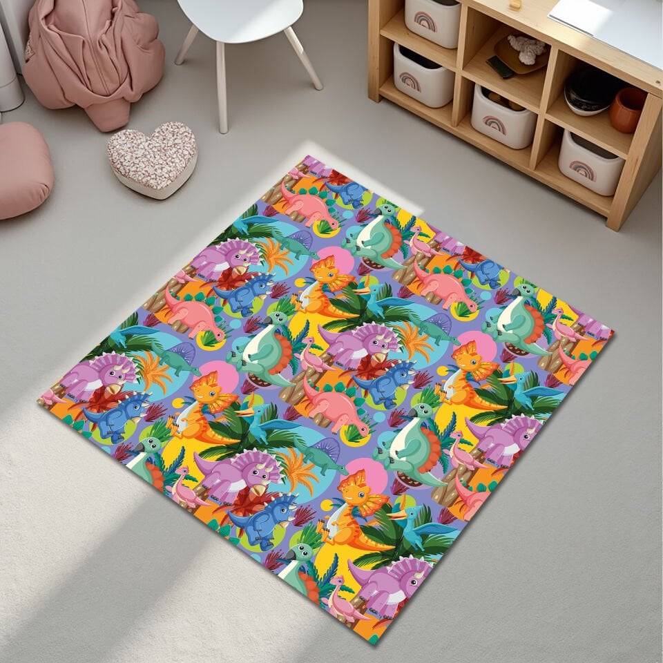 Colorful Cartoon Dinosaur Rug for Kids Room – Soft & Fun Play Mat