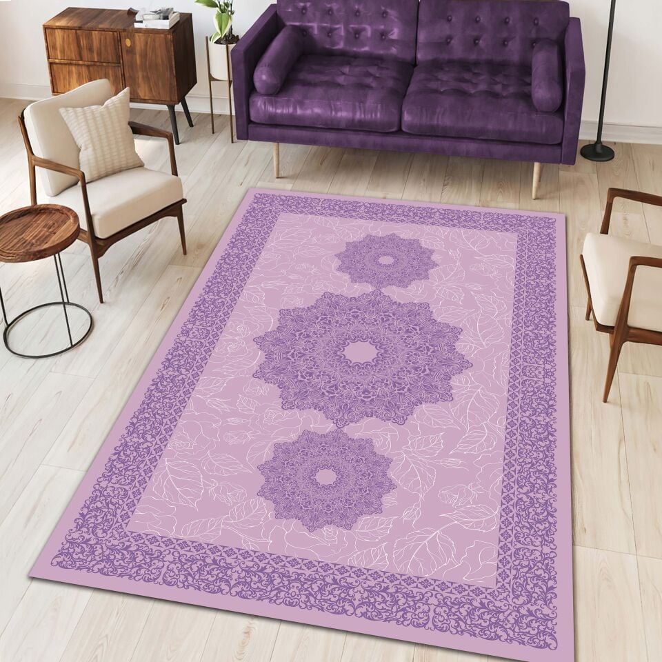 Purple Medallion Rug Elegant Oriental Pattern Decorative Carpet