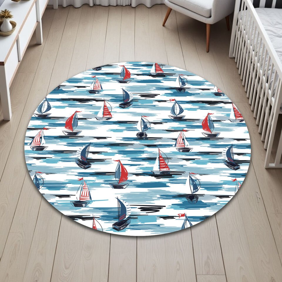 Sailboat Pattern Kids Rug – Nautical Theme Carpet for Children