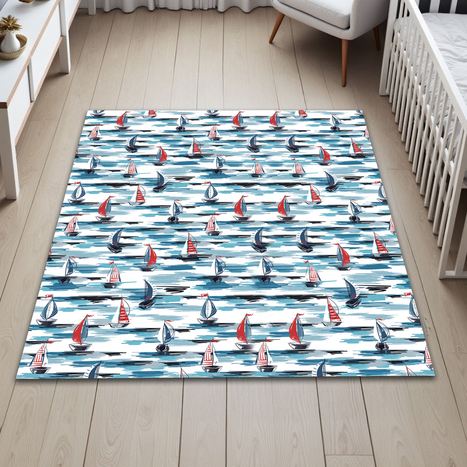Sailboat Pattern Kids Rug – Nautical Theme Carpet for Children