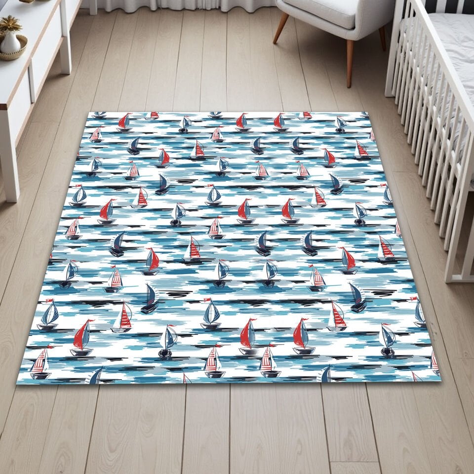 Sailboat Pattern Kids Rug – Nautical Theme Carpet for Children