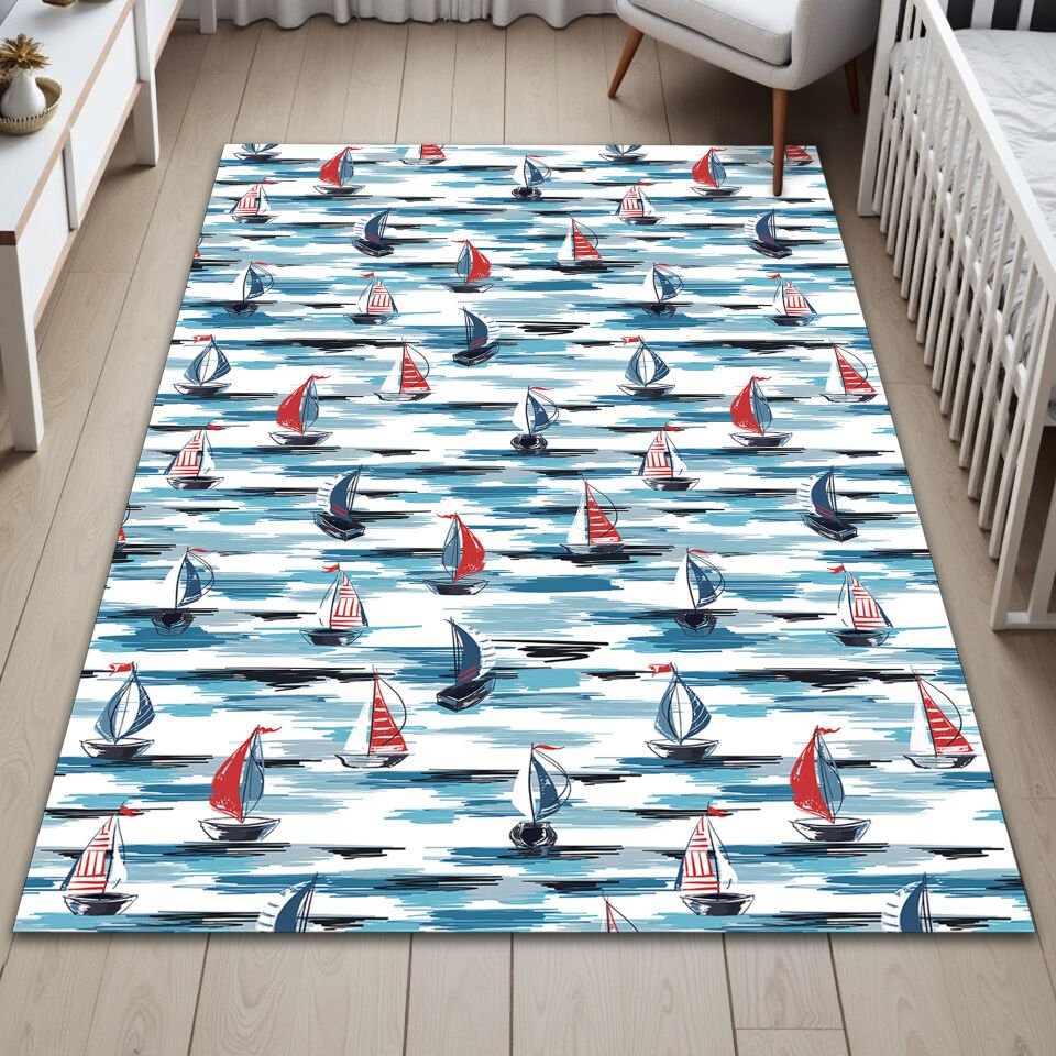 Sailboat Pattern Kids Rug – Nautical Theme Carpet for Children