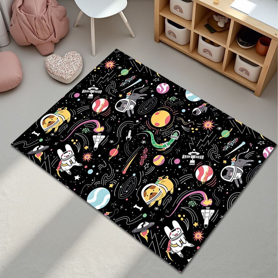 Space Adventure Kids Rug with Cute Astronaut Animals – Galaxy Theme Playroom Carpet