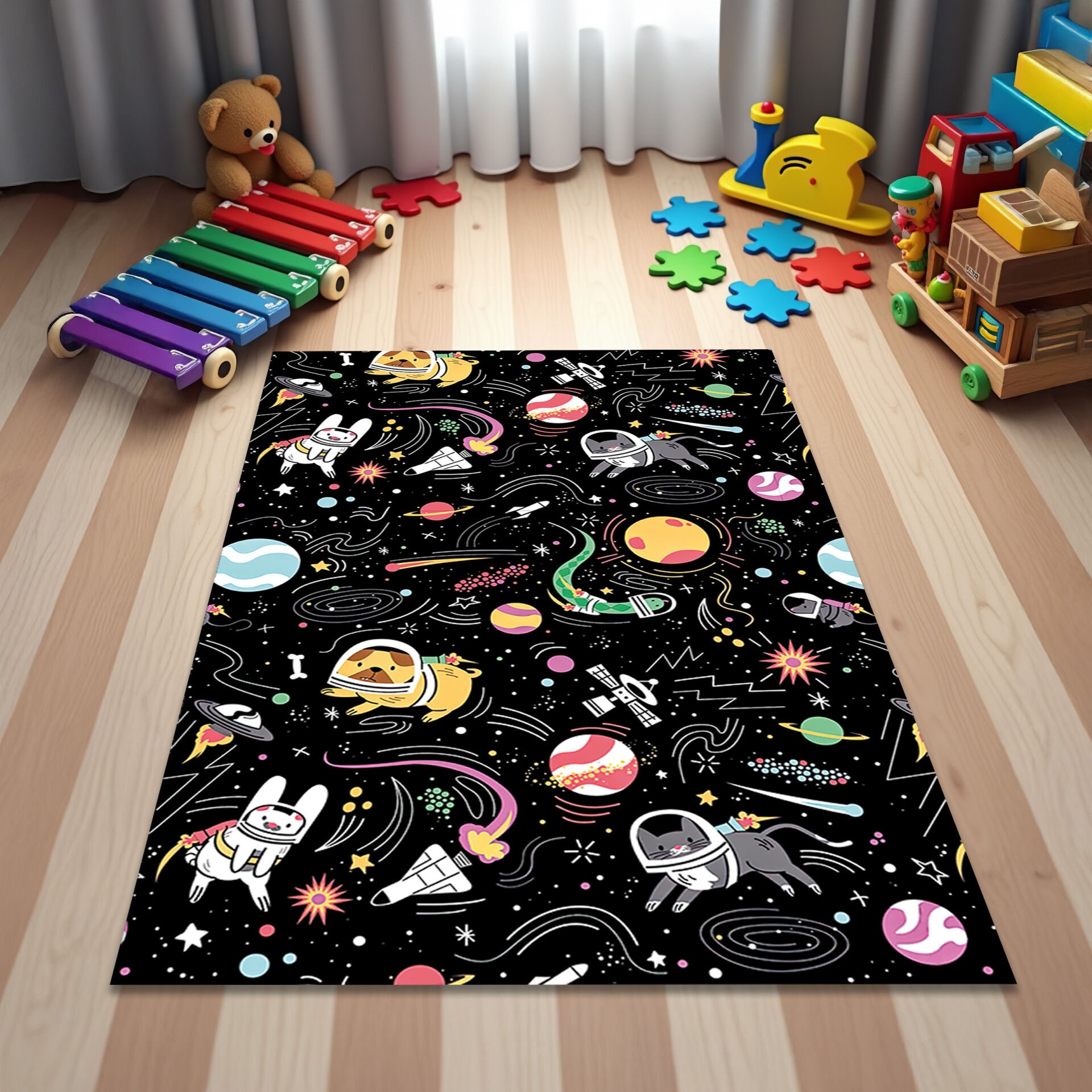 Space Adventure Kids Rug with Cute Astronaut Animals – Galaxy Theme Playroom Carpet