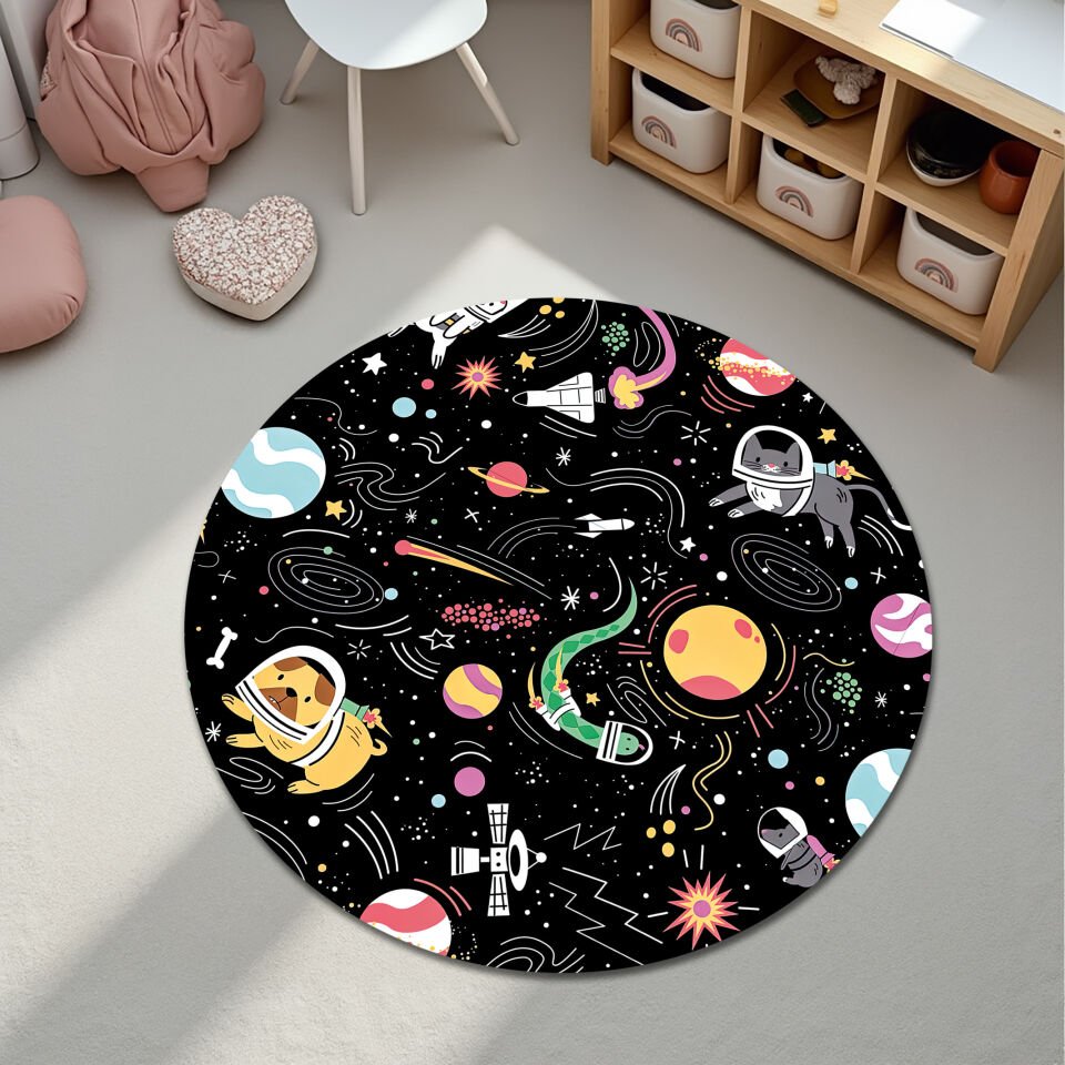 Space Adventure Kids Rug with Cute Astronaut Animals – Galaxy Theme Playroom Carpet