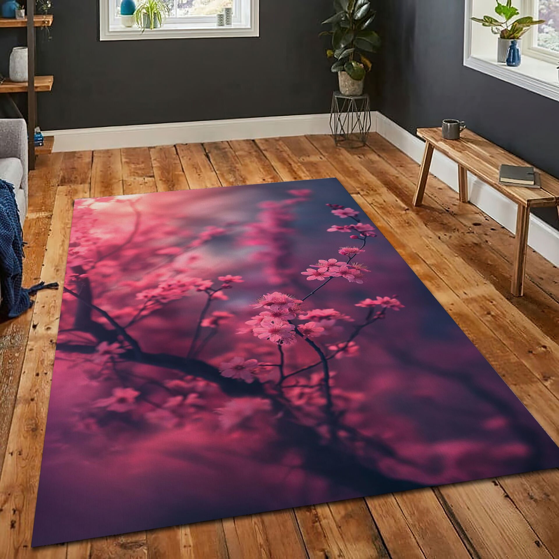 Japanese Cherry Blossom Rug Pink Sakura Floral Pattern Carpet for Zen Home Living Room Decor
