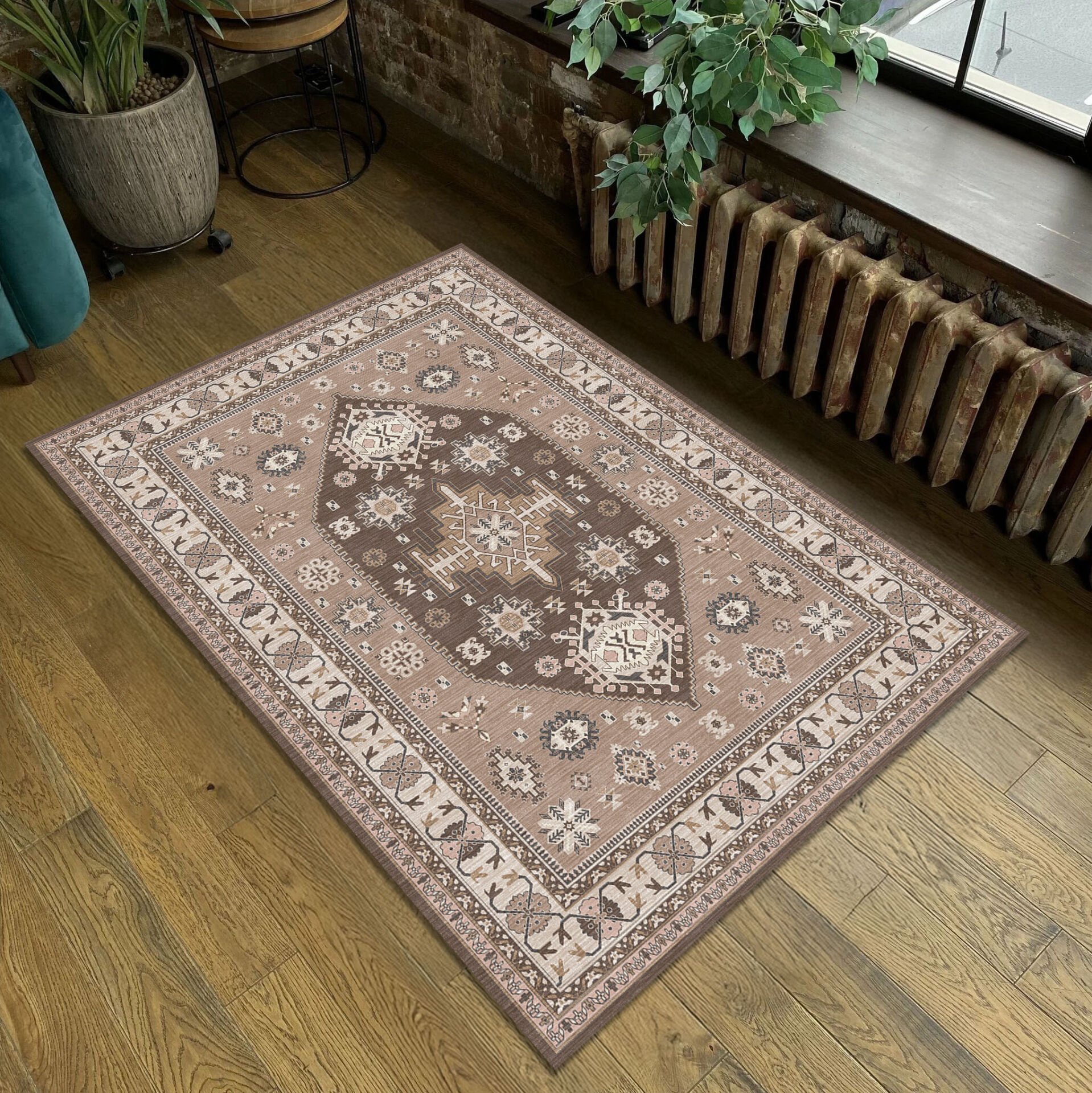 Ethnic Patterned Boho Style Decorative Rug in Beige and Brown Tones