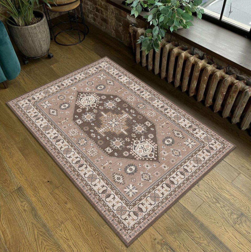 Ethnic Patterned Boho Style Decorative Rug in Beige and Brown Tones