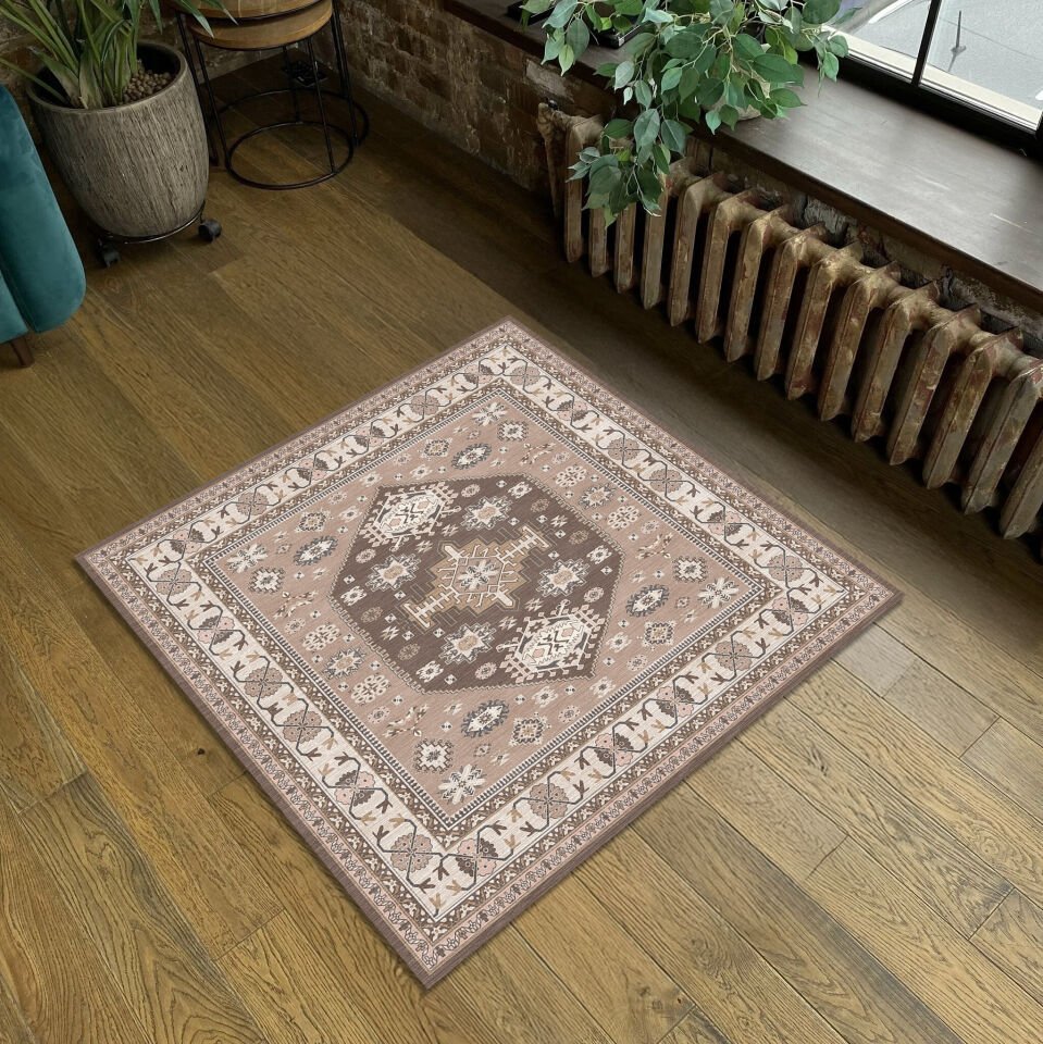 Ethnic Patterned Boho Style Decorative Rug in Beige and Brown Tones
