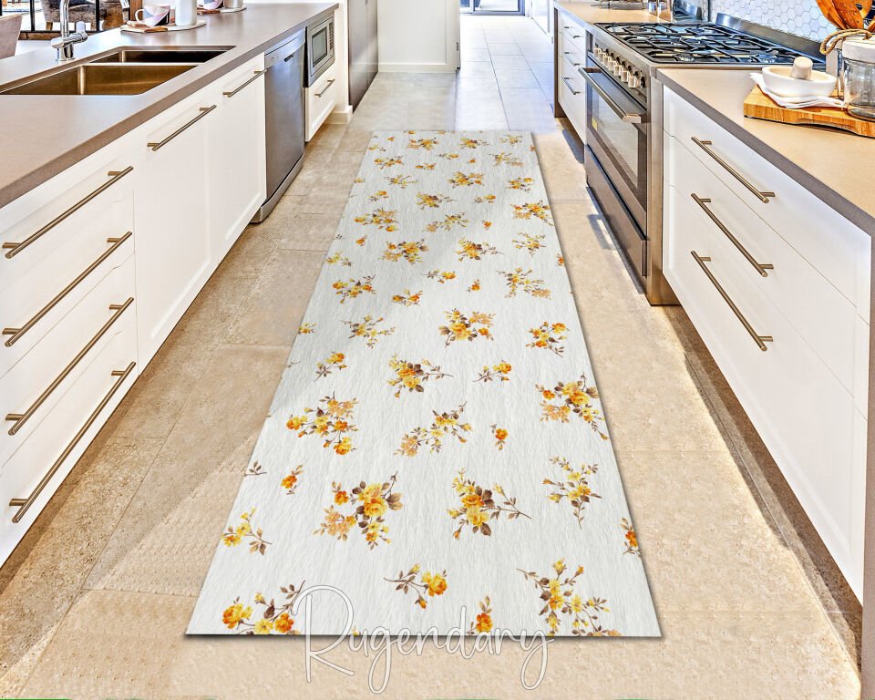 Yellow Floral Runner Rug – Vintage Style Hallway & Entryway Carpet