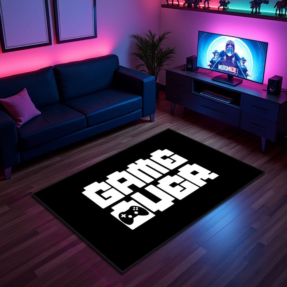 Game Over Gaming Rug – Bold Black & White Game Room Carpet for Gamers