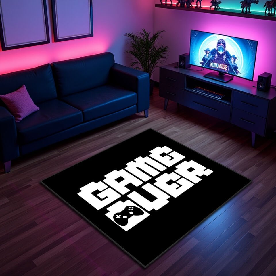 Game Over Gaming Rug – Bold Black & White Game Room Carpet for Gamers