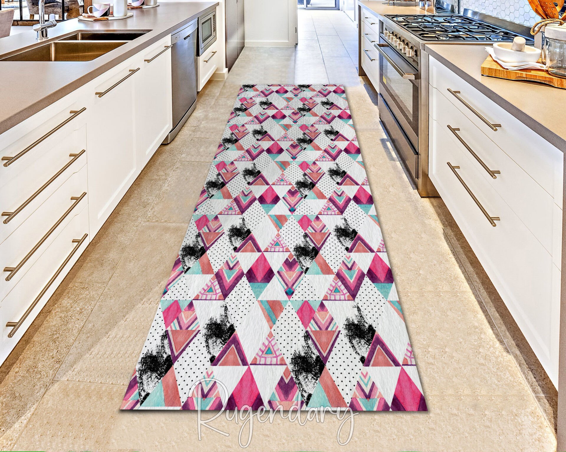 Modern Geometric Kitchen Rug – Pink, Black & Teal Diamond Pattern Floor Runner
