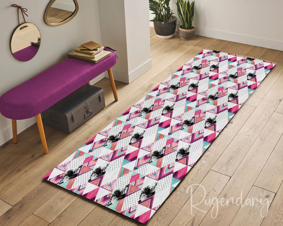 Modern Geometric Kitchen Rug – Pink, Black & Teal Diamond Pattern Floor Runner