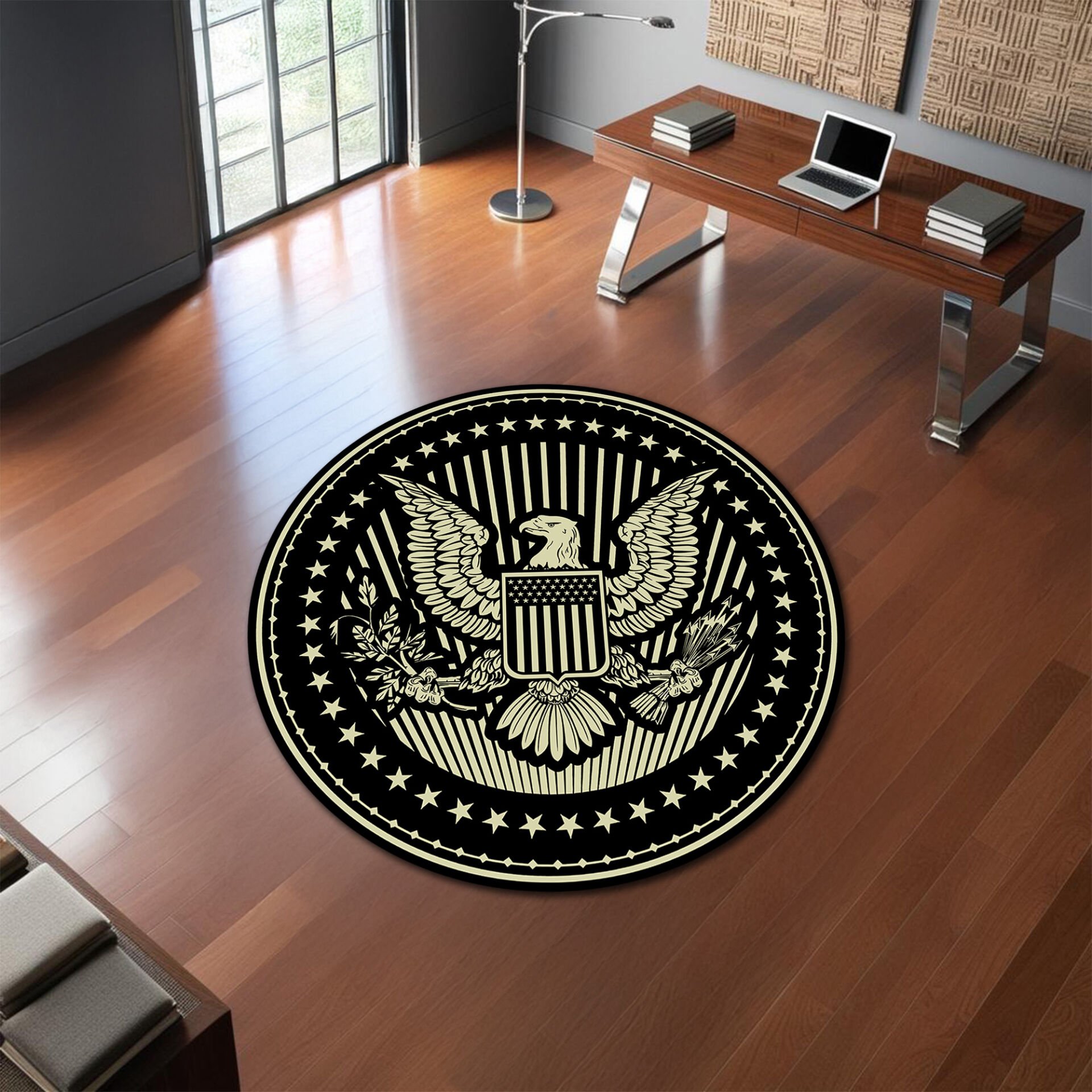 Classic Black & Gold USA Eagle Round Rug – Elegant Patriotic Office Decor