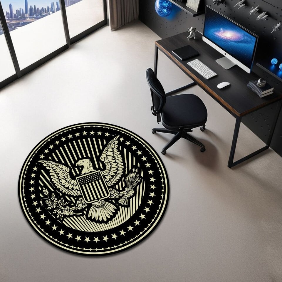 Classic Black & Gold USA Eagle Round Rug – Elegant Patriotic Office Decor