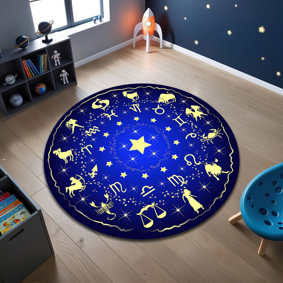 Celestial Zodiac Signs Round Rug – Blue & Gold Astrology Design