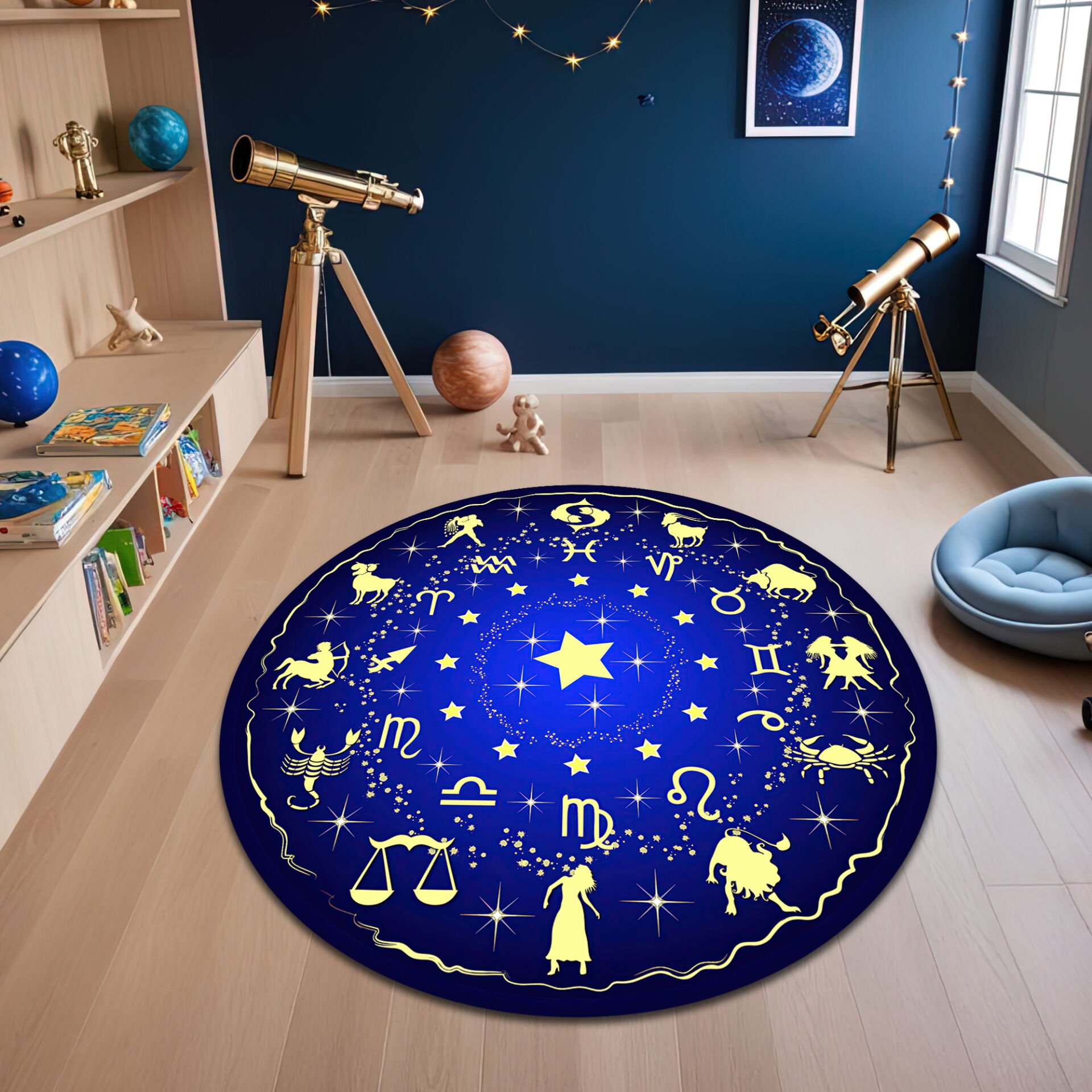 Celestial Zodiac Signs Round Rug – Blue & Gold Astrology Design