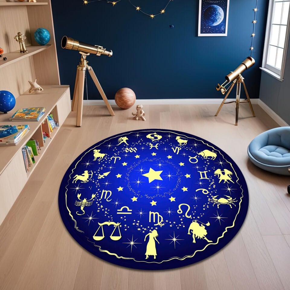 Celestial Zodiac Signs Round Rug – Blue & Gold Astrology Design
