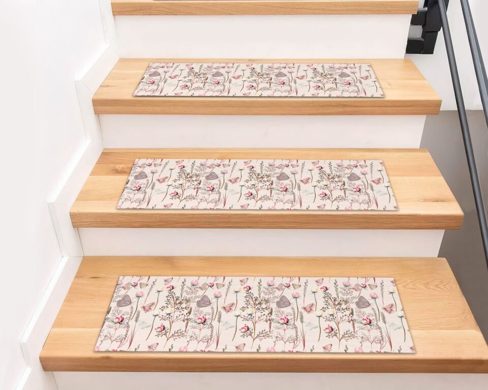 Delicate Wildflower Print Stair Treads – Soft Pink & Beige Floral Design