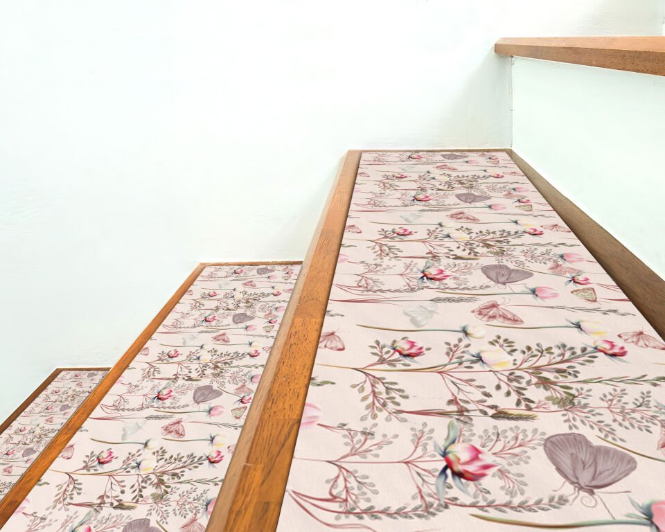 Delicate Wildflower Print Stair Treads – Soft Pink & Beige Floral Design