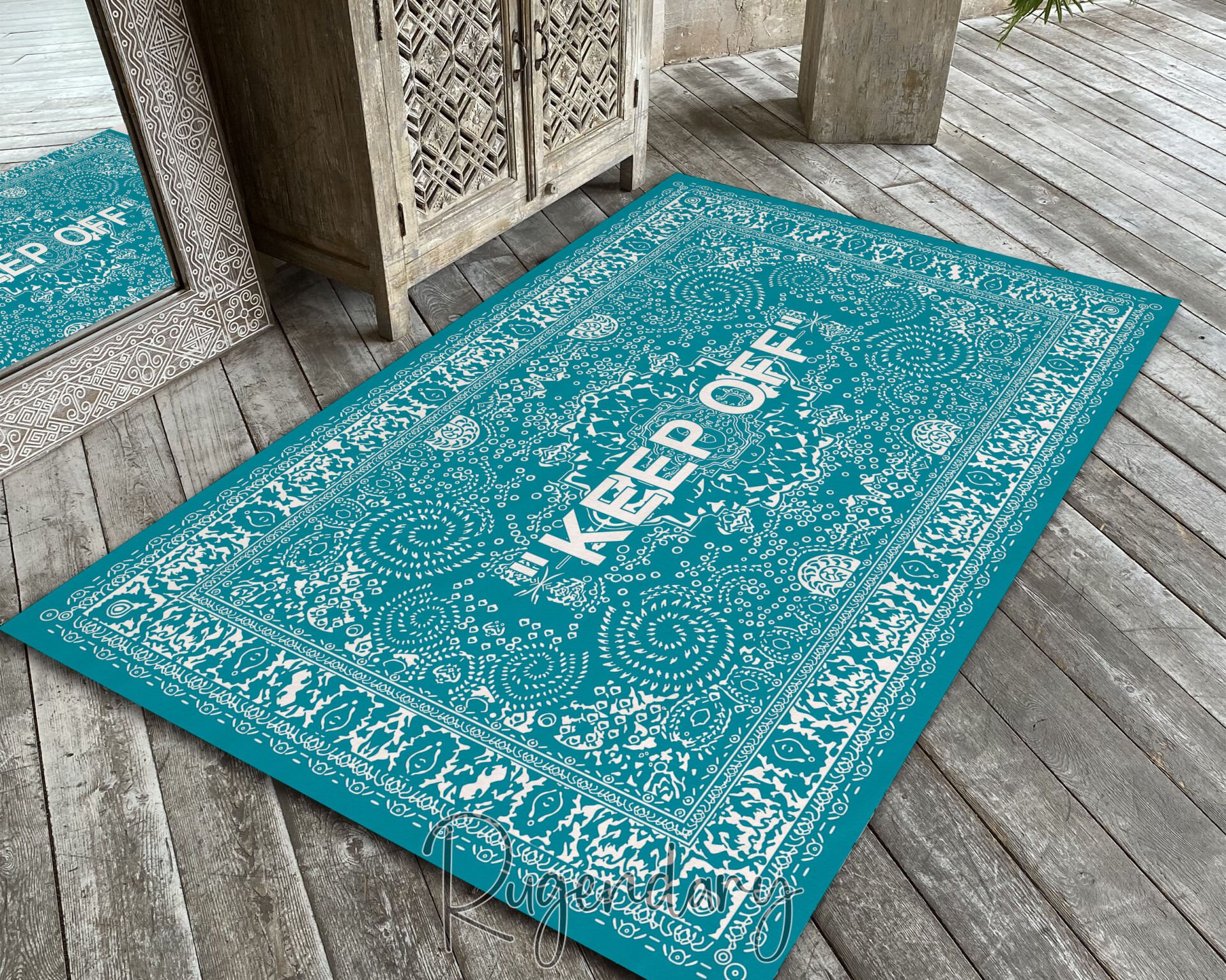 Turquoise Area Rug with ''KEEP OFF'' Quote – Modern Living Room Carpet