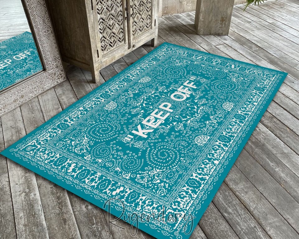 Turquoise Area Rug with ''KEEP OFF'' Quote – Modern Living Room Carpet