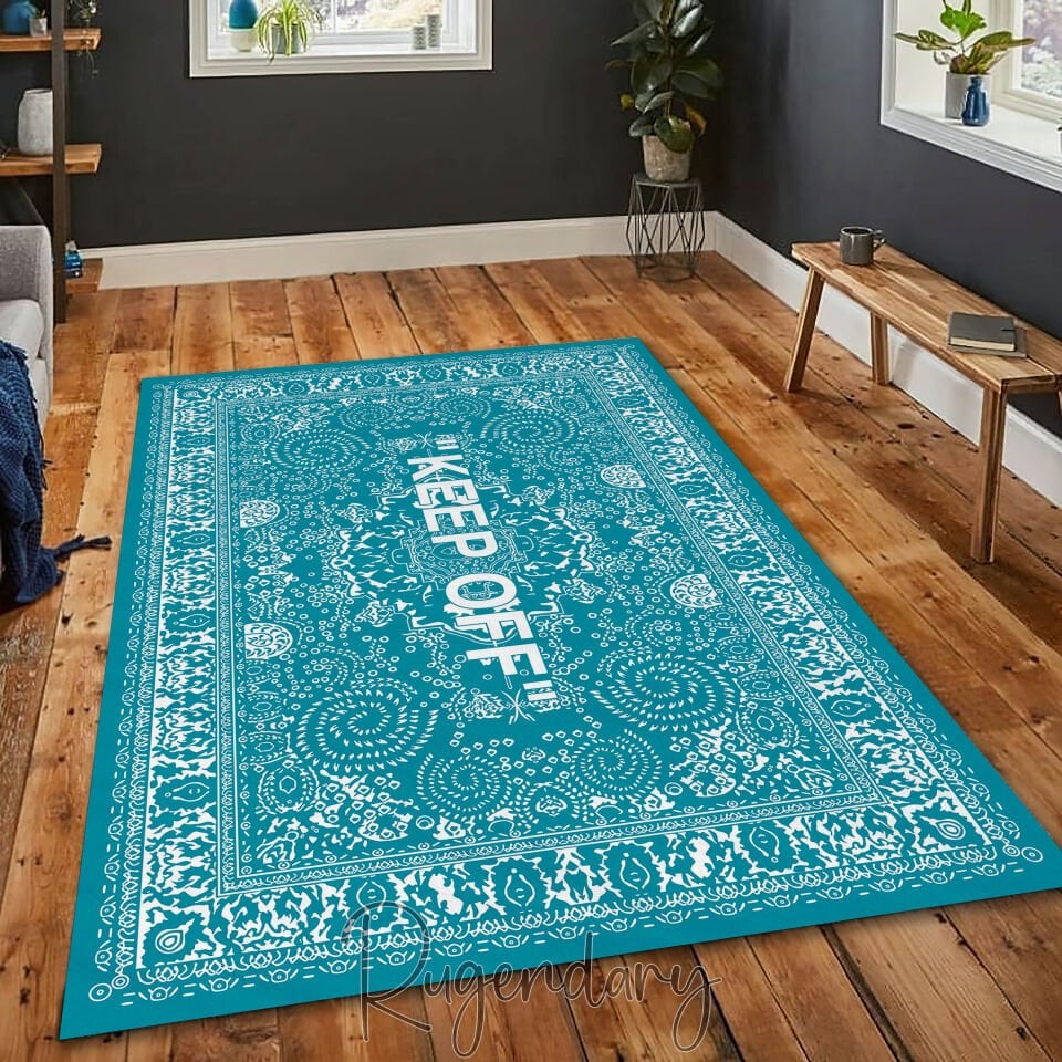 Turquoise Area Rug with ''KEEP OFF'' Quote – Modern Living Room Carpet