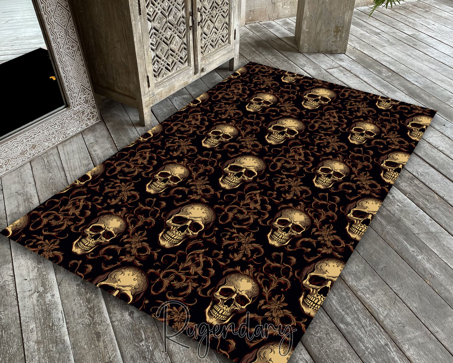 Gothic Skull & Baroque Floral Rug – Dark Gold Horror-Inspired Carpet