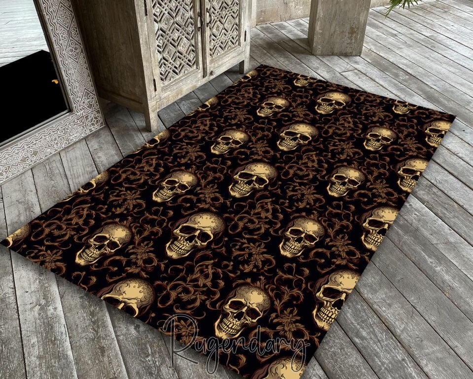 Gothic Skull & Baroque Floral Rug – Dark Gold Horror-Inspired Carpet
