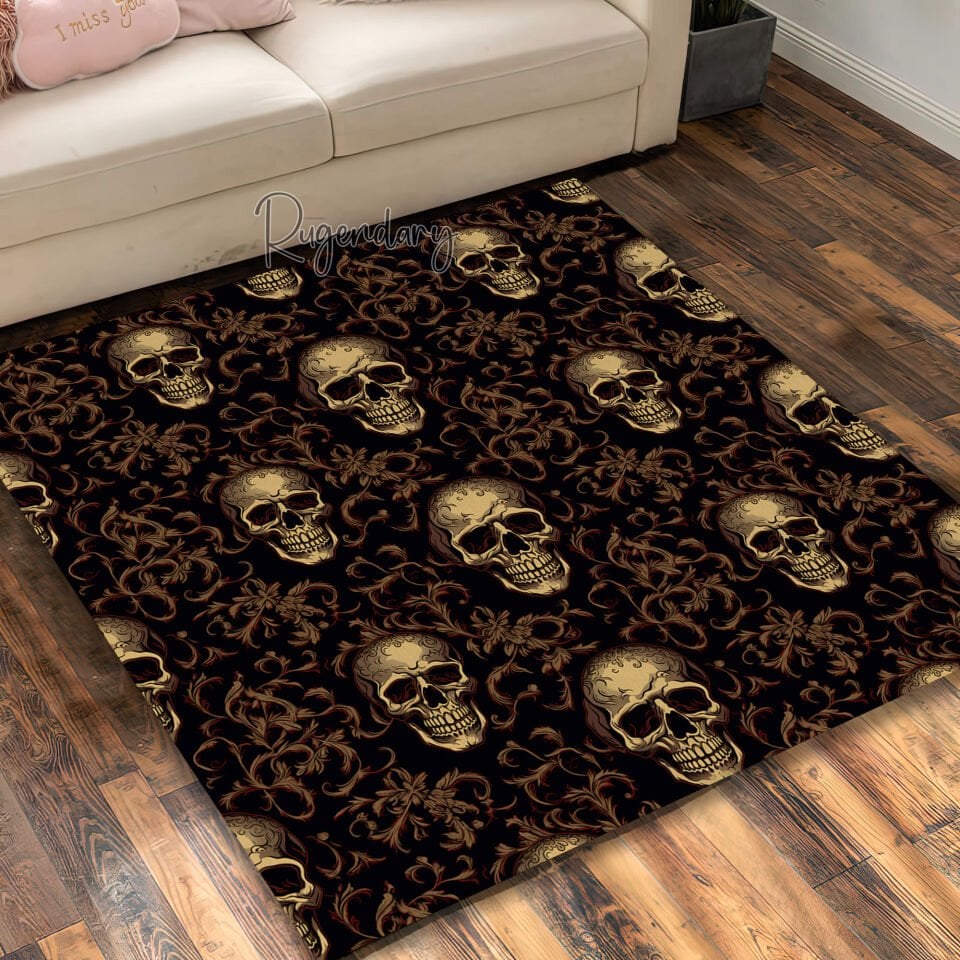 Gothic Skull & Baroque Floral Rug – Dark Gold Horror-Inspired Carpet