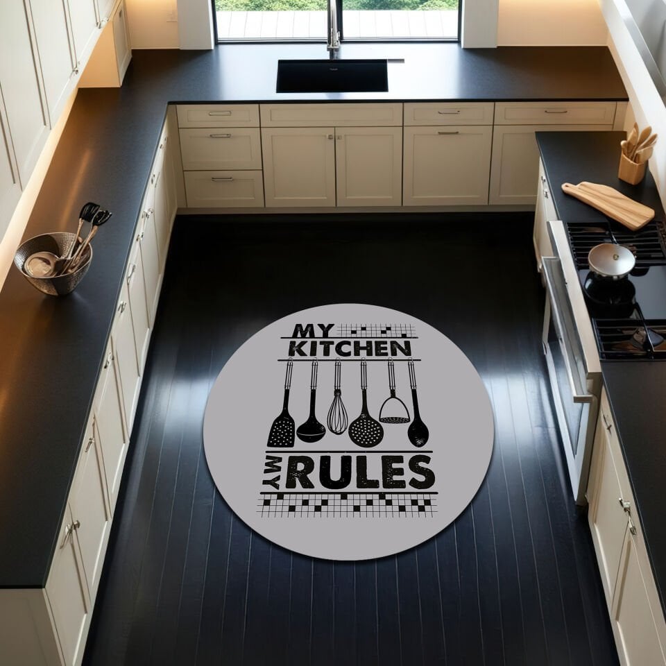 ''My Kitchen My Rules'' Modern Kitchen Rug – Gray & Black Cooking Utensil Themed Floor Mat