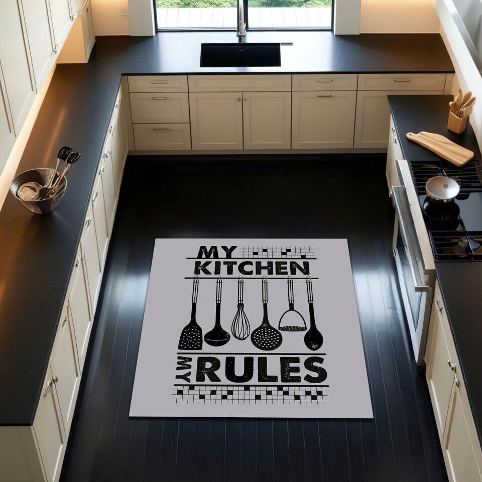 ''My Kitchen My Rules'' Modern Kitchen Rug – Gray & Black Cooking Utensil Themed Floor Mat