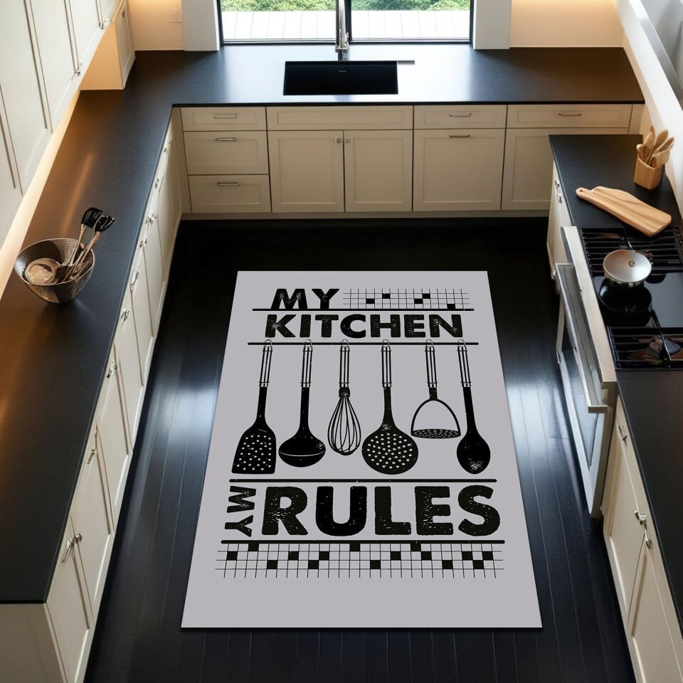 ''My Kitchen My Rules'' Modern Kitchen Rug – Gray & Black Cooking Utensil Themed Floor Mat