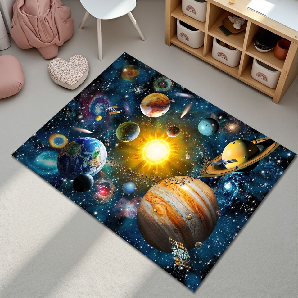 Solar System Kids Room Rug – Realistic Space Planets Carpet for Playroom & Nursery