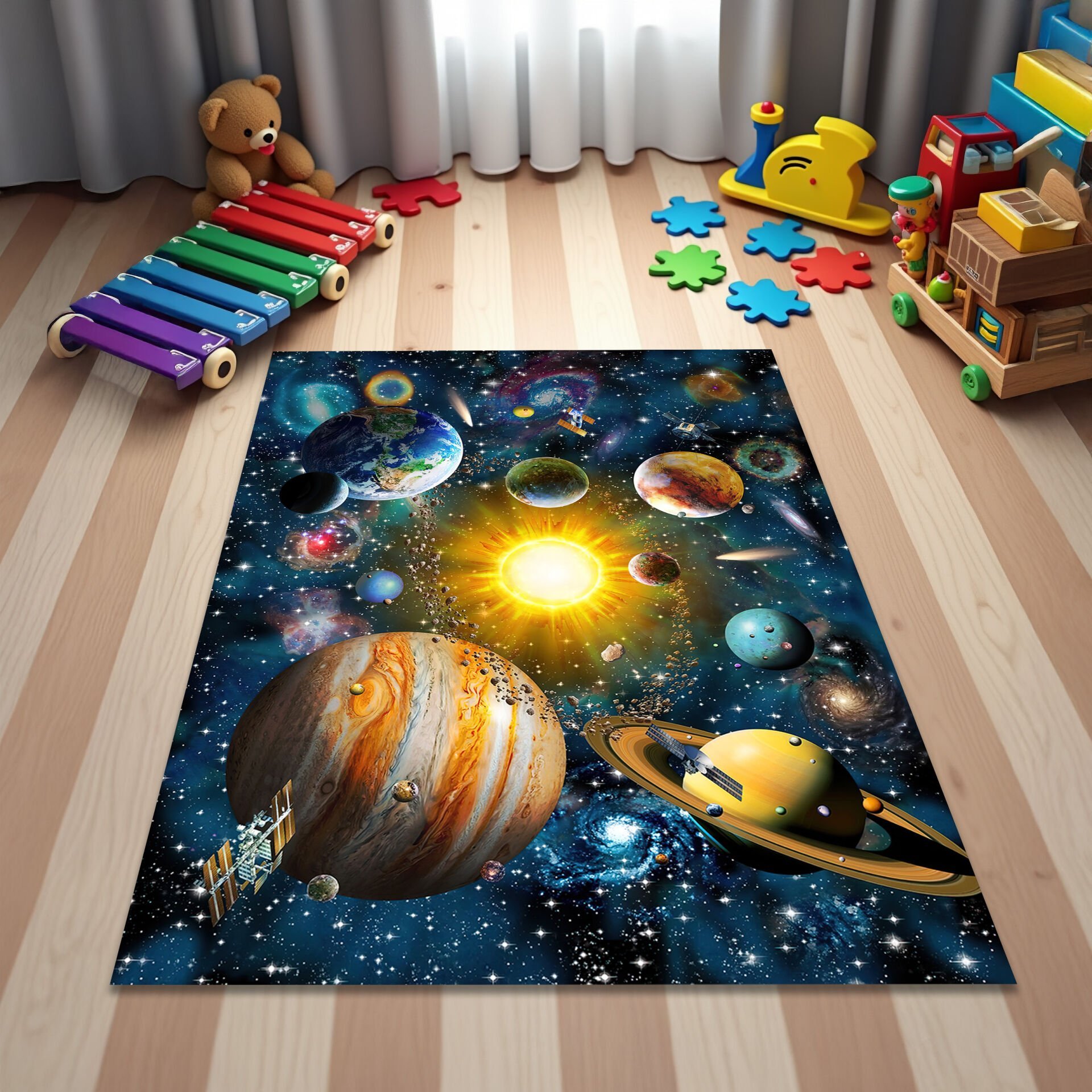 Solar System Kids Room Rug – Realistic Space Planets Carpet for Playroom & Nursery