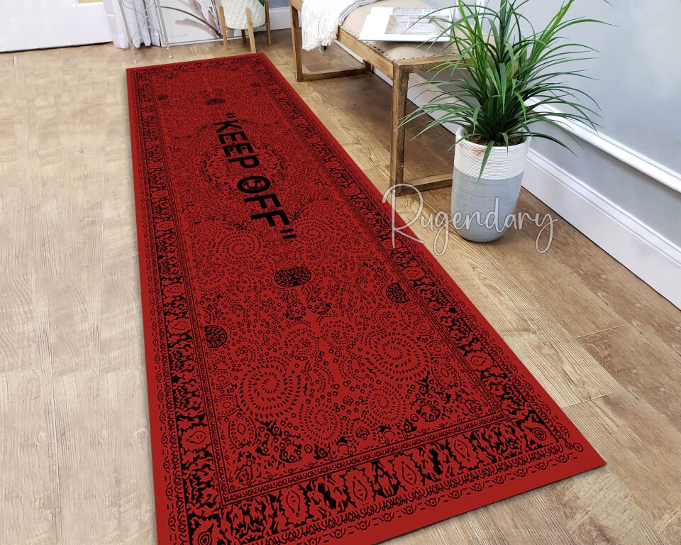 Red ''KEEP OFF'' Runner Rug – Bold Modern Carpet for Kitchen & Hallway