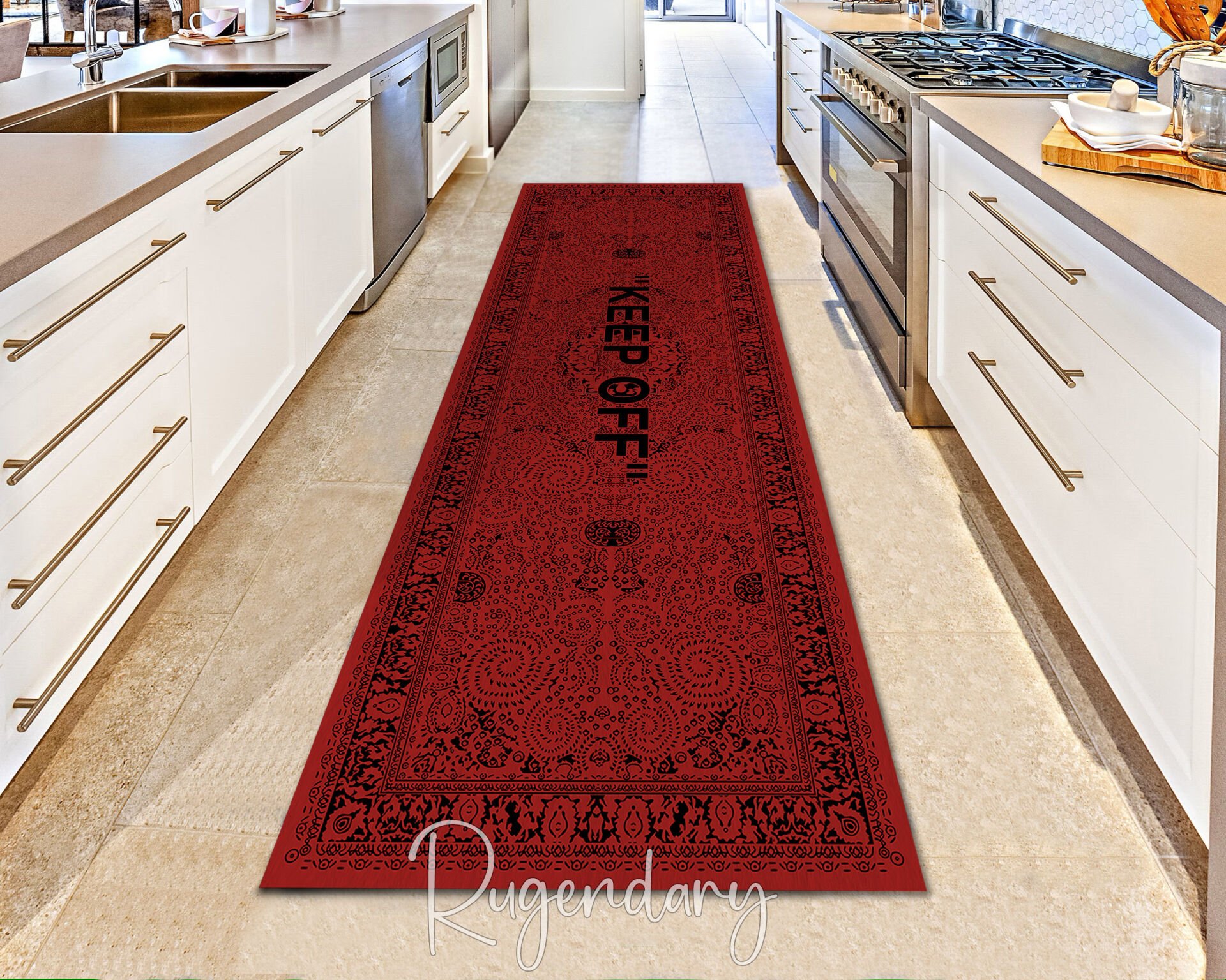 Red ''KEEP OFF'' Runner Rug – Bold Modern Carpet for Kitchen & Hallway