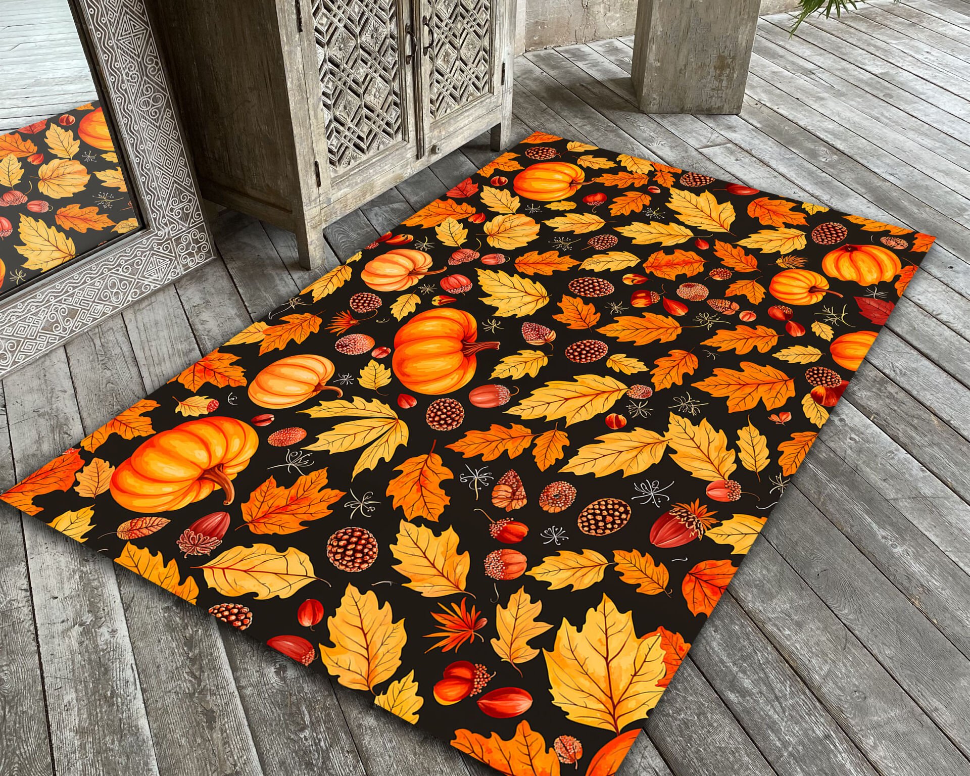 Pumpkin Rug with Autumn Leaves Rustic Fall Carpet Cozy Farmhouse Seasonal Decor