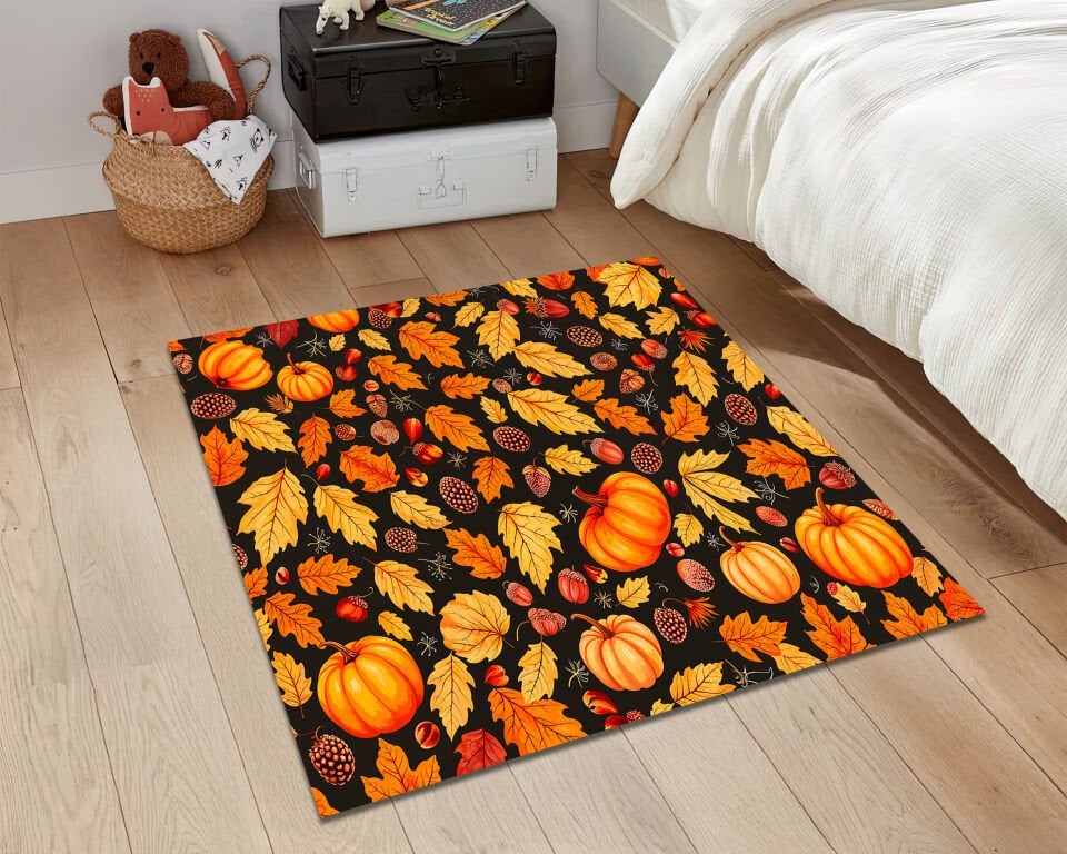 Pumpkin Rug with Autumn Leaves Rustic Fall Carpet Cozy Farmhouse Seasonal Decor
