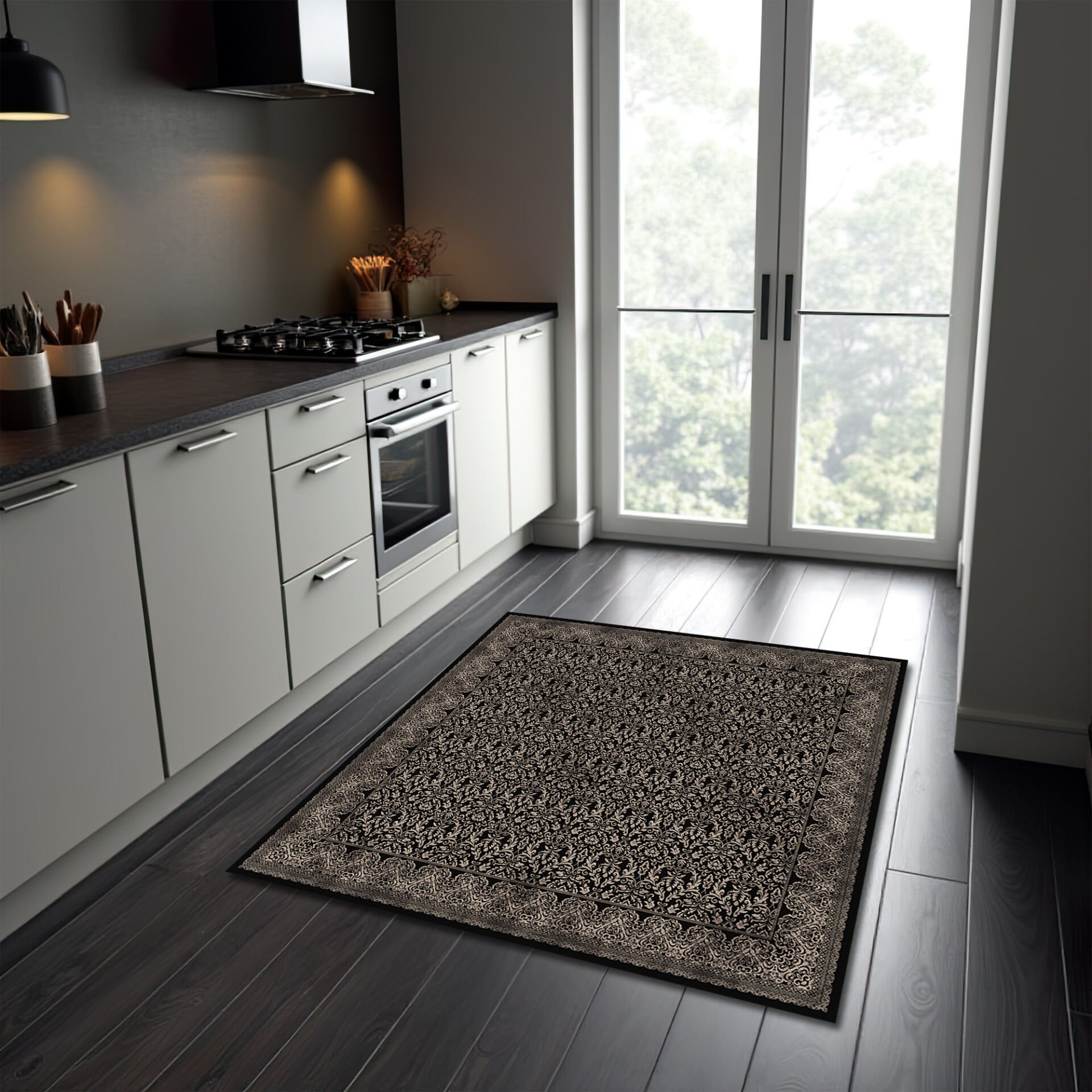 Elegant Black Beige Pattern Square Area Rug for Modern Living Spaces