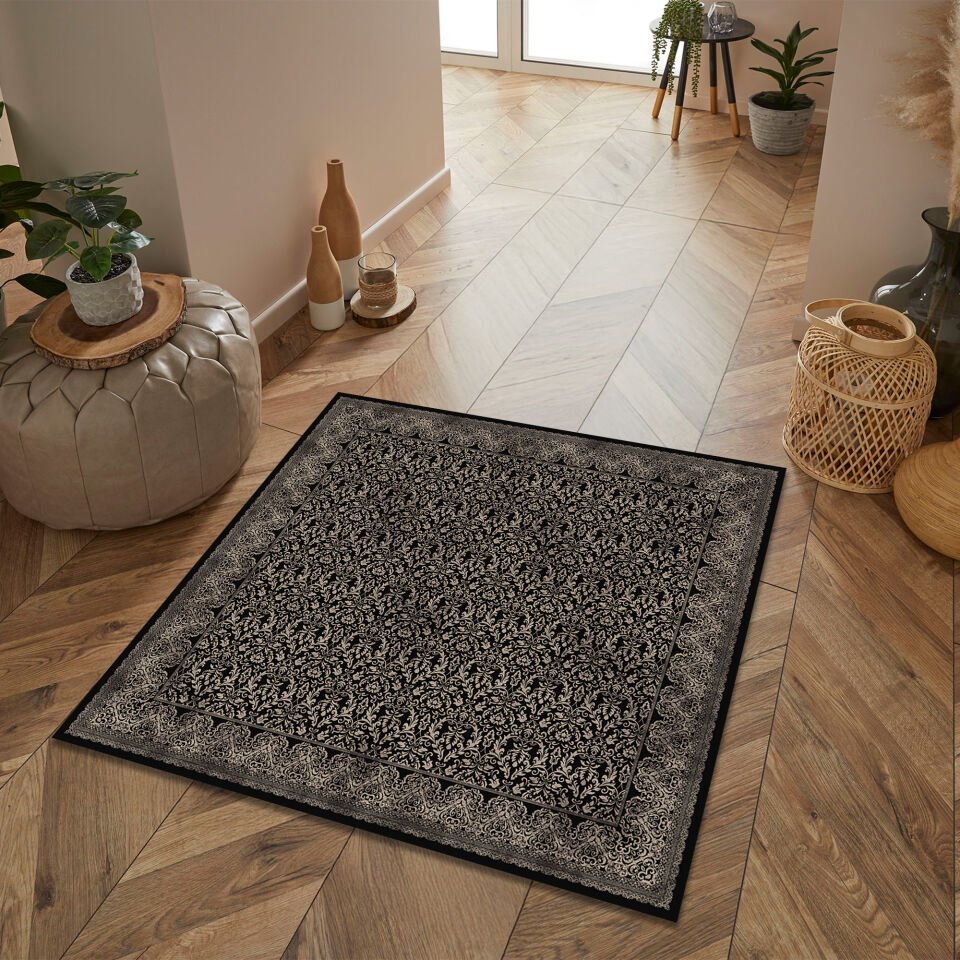 Elegant Black Beige Pattern Square Area Rug for Modern Living Spaces