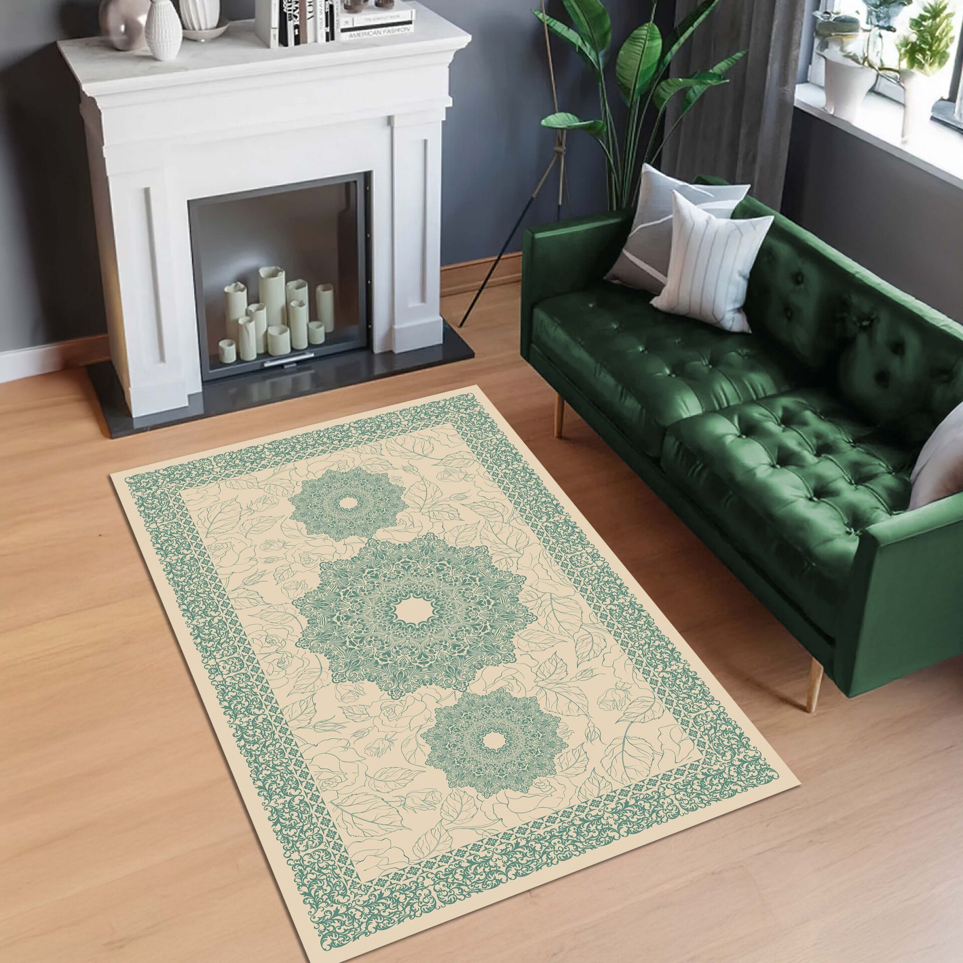 Green Medallion Rug Elegant Oriental Pattern Decorative Carpet