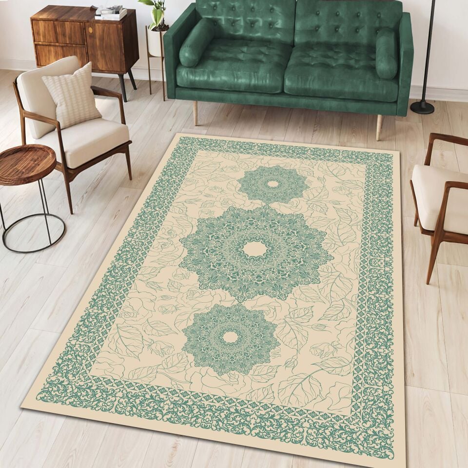 Green Medallion Rug Elegant Oriental Pattern Decorative Carpet